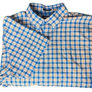Lands End Button Down Shirt Mens XXL Blue Orange Plaid Excellent No Iron Twill